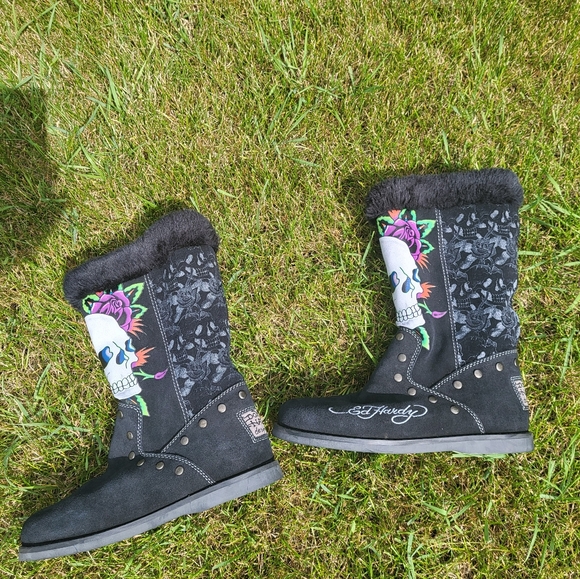Ed Hardy Shoes - "Skulls & Floral" ED HARDY Y2K Leather Boots
